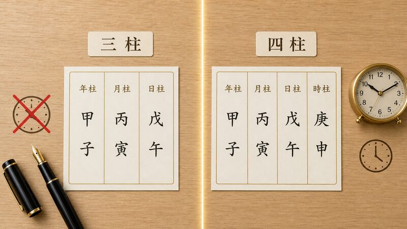 算命学（三柱）と四柱推命（四柱）の違いを比較するイメージ