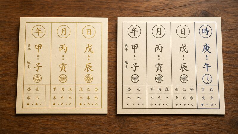算命学の三柱と四柱推命の四柱(時柱付き)を並べて比較したイメージ