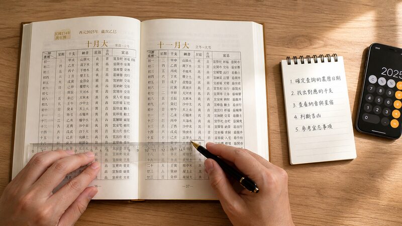 万年暦を使って命式六文字を割り出す基本手順のイメージ