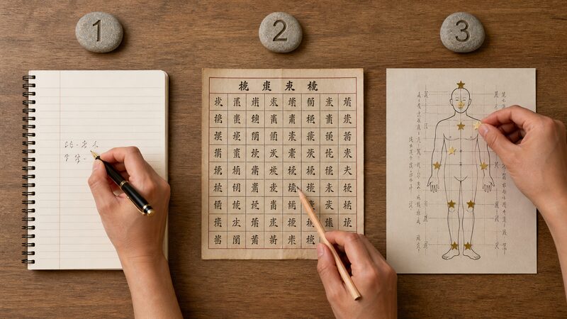生年月日の記入から干支暦の確認、人体星図への配置までの3ステップのイメージ