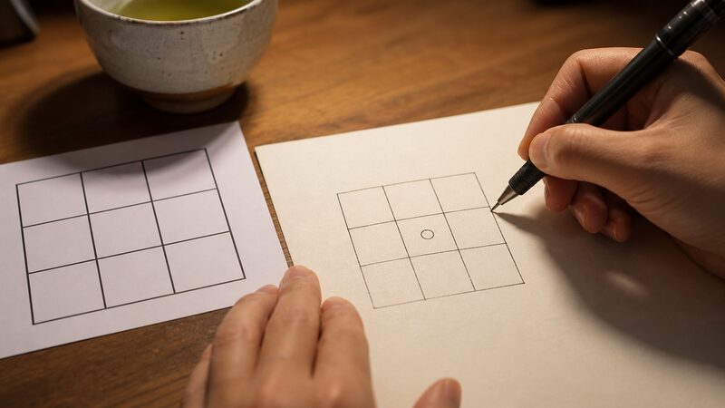 九星盤の中心に星を書き込みながら傾斜宮を求める手順を確認する手元