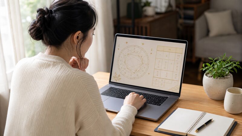 パソコンで無料の命式計算サイトを使い陰占・陽占を確認する女性のイメージ