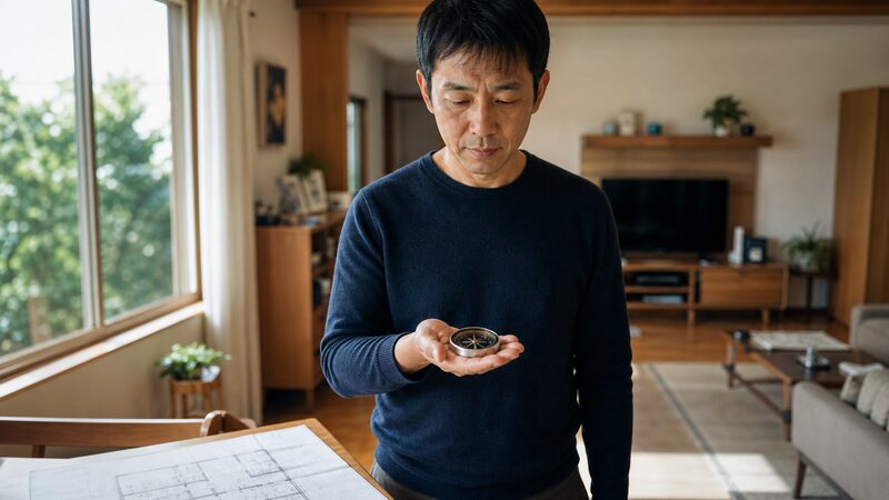 自宅の中心を基点に方位磁石で8方位を測る東アジア系の人物のイメージ