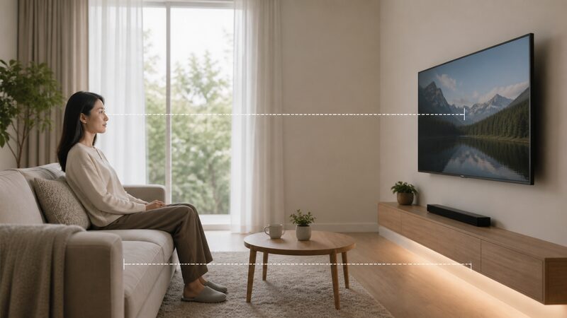 ソファに座った女性の目線とテレビ画面の中心の高さを示した図解写真