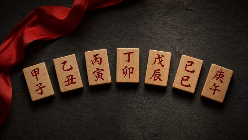 暗合異常干支7種を表す干支の木札と赤い組紐