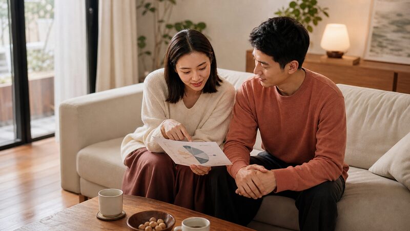 相性における大半会の非対称な役割分担を象徴する、命式を確認し合うカップルのイメージ