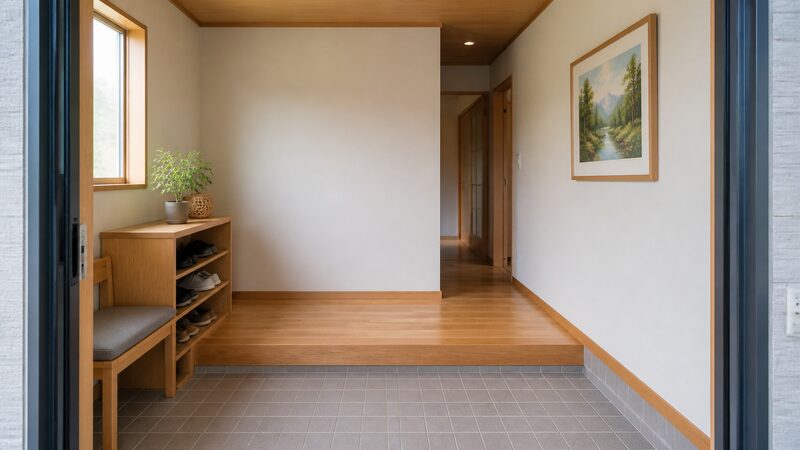 玄関を入って右側の壁に絵を飾った住宅の玄関ホール