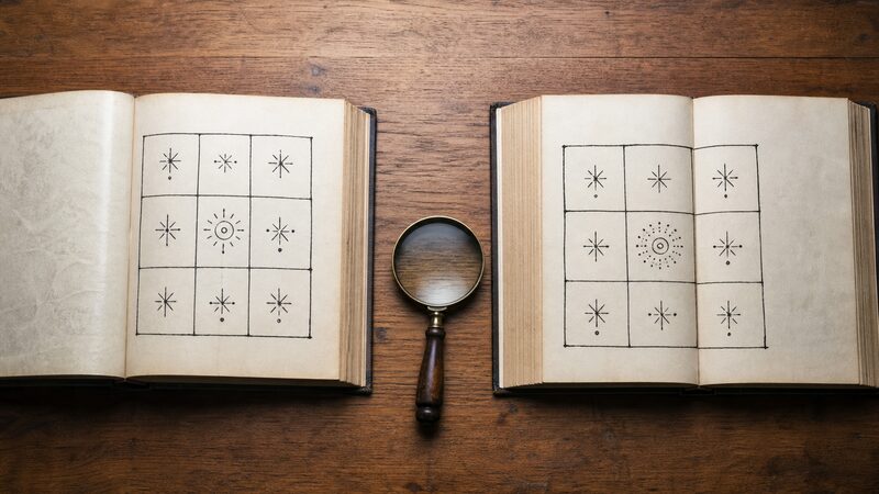 異なる図が描かれた2冊の解説書を並べて比較する中宮傾斜の流派差のイメージ
