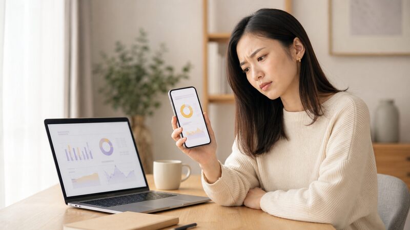 スマートフォンとパソコンで異なる判定結果を見比べて戸惑う女性のイメージ
