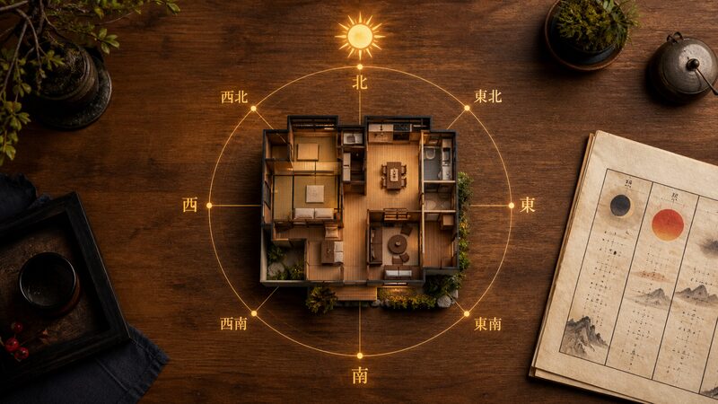 住まいの方位を示すコンパスと家の模型、算命学の暦を並べたイメージ