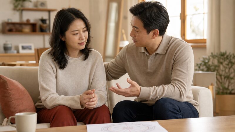 財帛宮の吉凶への不安を建築士が落ち着いて受け止める様子