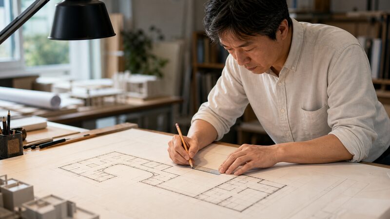 間取り図の重心(太極)を確認する東アジア系の建築士のイメージ