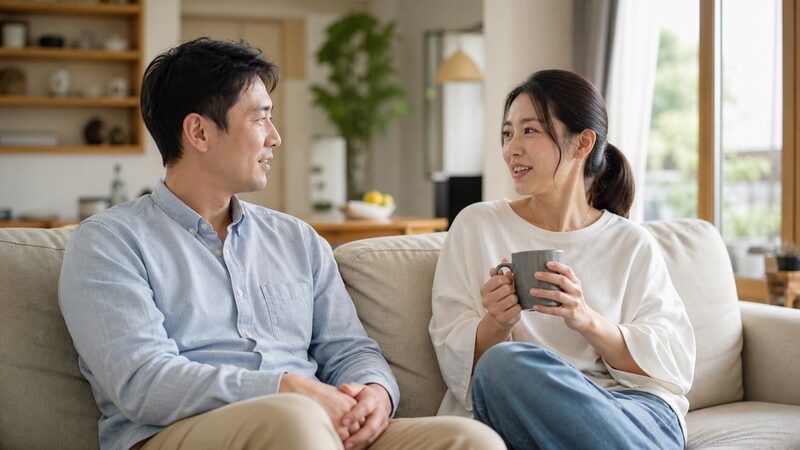リビングのソファで穏やかに会話する夫婦の様子