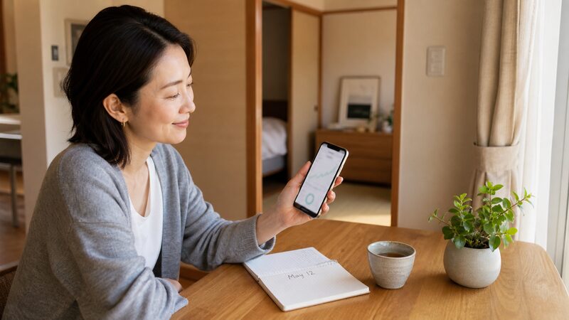 スマートフォンの無料ツールで生年月日から命式を確認する女性のイメージ