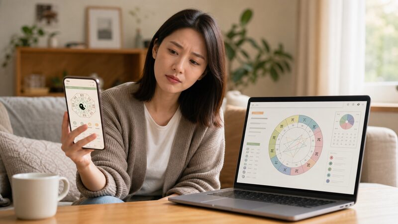 サイトによって命式の結果が違うことに戸惑う女性のイメージ
