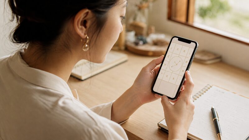 スマートフォンで自分の年干支・月干支・日干支を確認する女性のイメージ