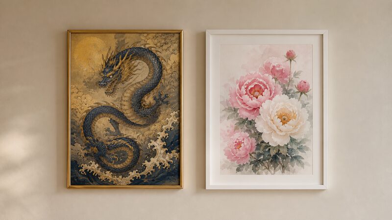 龍の絵と花の絵が並んで飾られた玄関の壁
