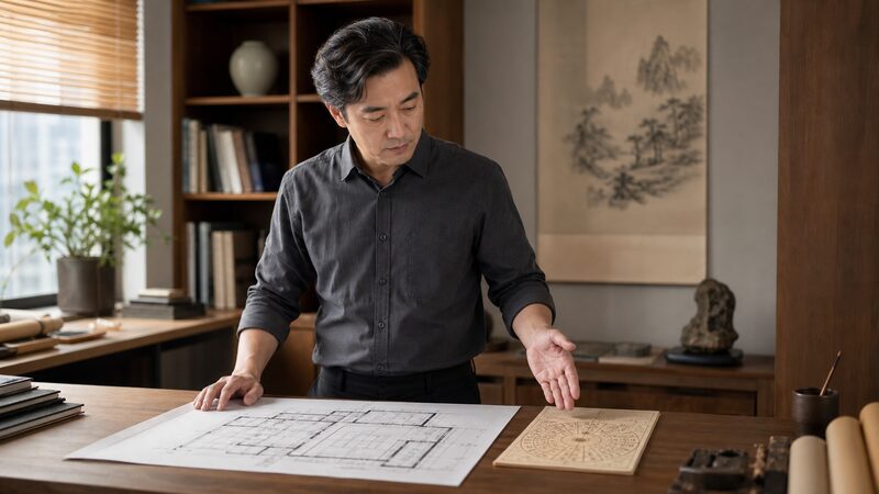 建築士が間取り図と算命学の命式を並べて示すイメージ