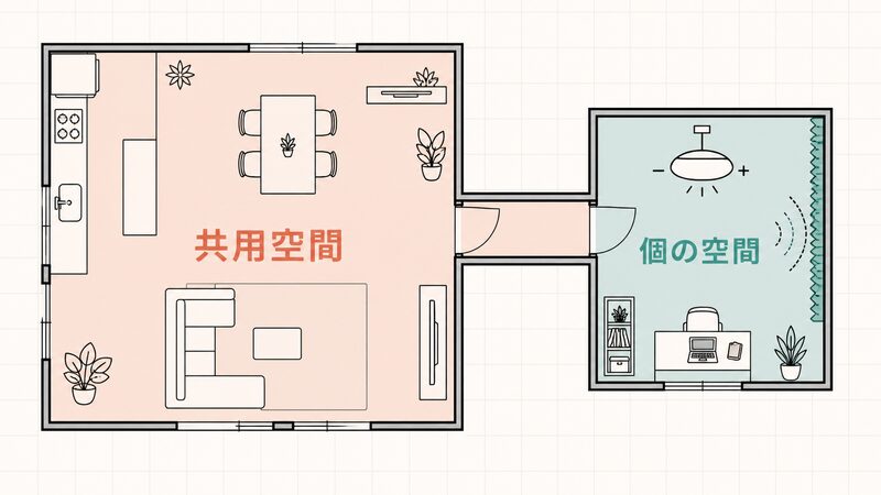 家族の共用空間と個の空間を分けた住まいの間取り図解