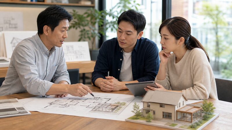 増改築・二世帯化の相談をする建築士と夫婦、予算計画を象徴するイメージ