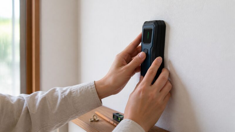 下地探し用の工具で石膏ボードの壁の下地位置を確認する男性の手元