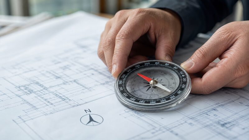 方位磁石と設計図面の真北表示を見比べる建築士のイメージ