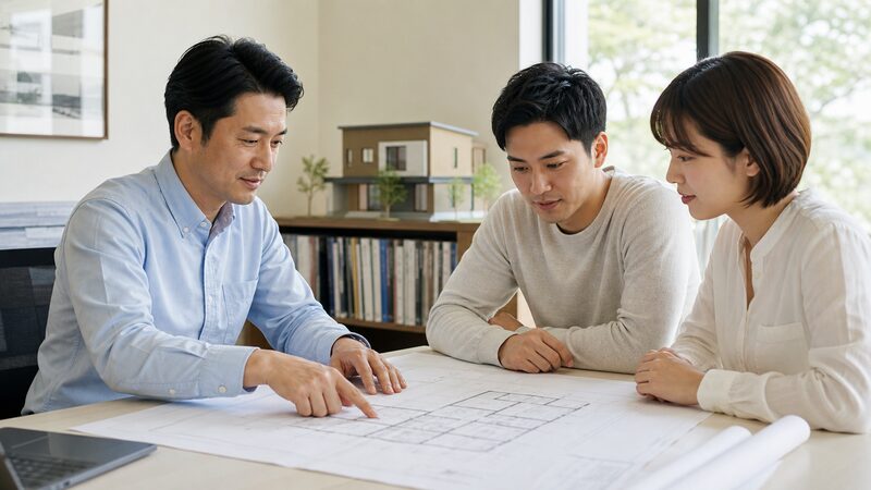 夫婦と建築士が間取り図を見ながら新居やリフォームを相談するイメージ