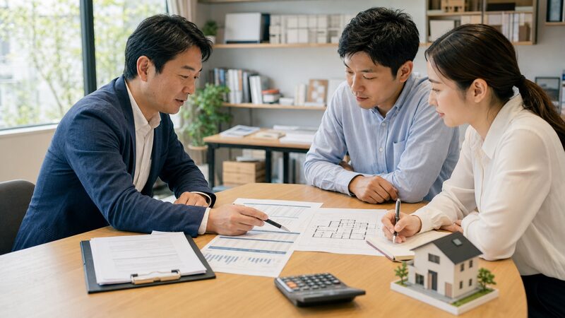 住宅ローンやリフォーム予算を建築士と相談する夫婦
