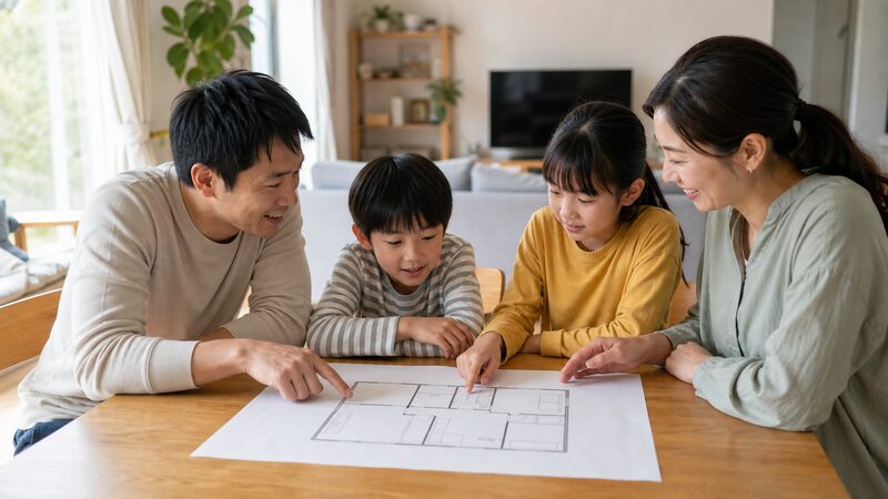 間取り図を囲んで話し合う家族4人の様子