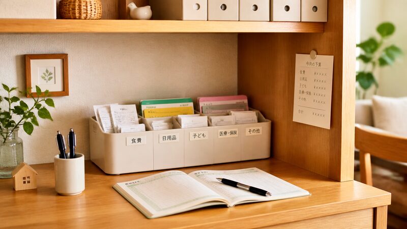 通帳や書類をまとめる家計管理コーナーと収納ボックスのイメージ
