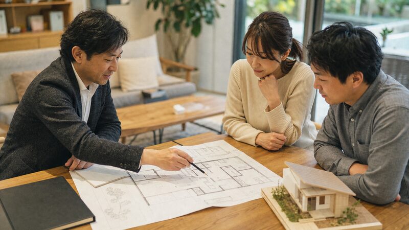 間取り図を見ながら窓や収納の配置を検討する東アジア系の建築士のイメージ