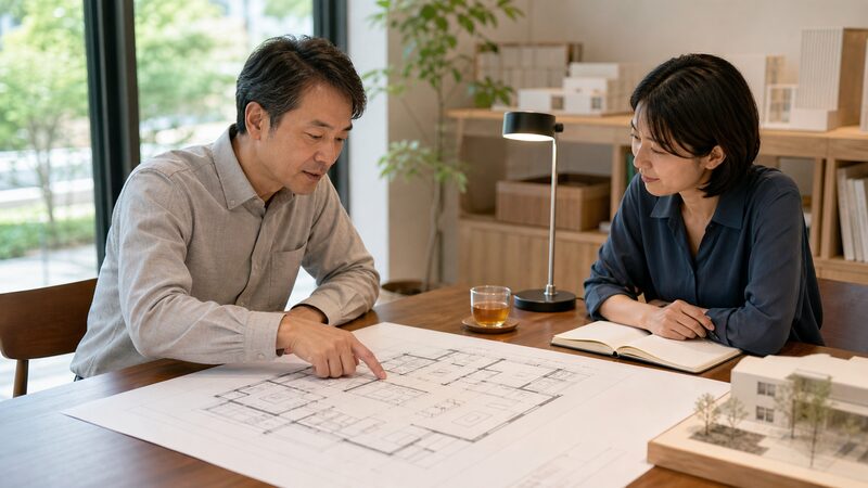間取り図をもとに住まいづくりの相談をする建築士と女性のイメージ