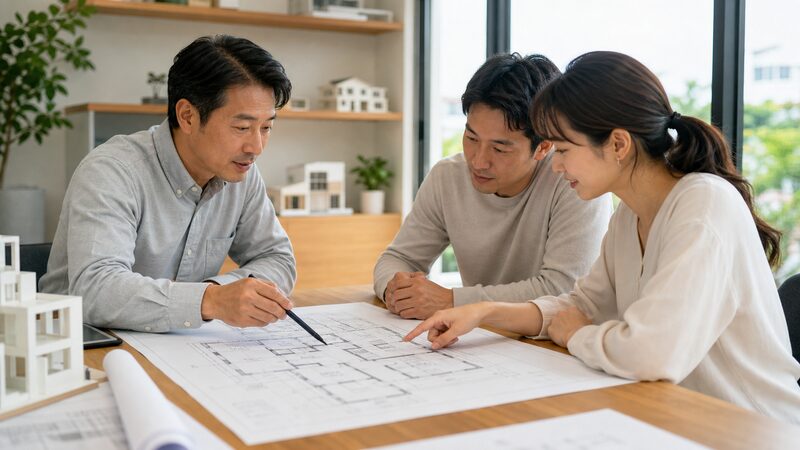 新築・注文住宅の設計段階で建築士と間取りを打ち合わせる様子