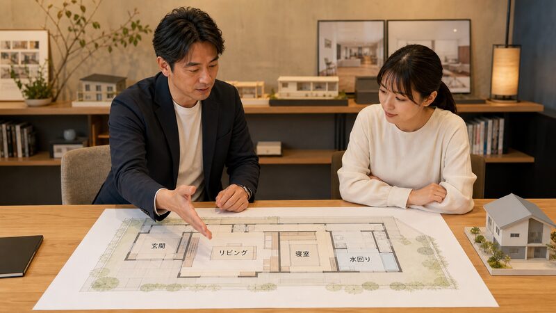 一級建築士が家全体の間取りを踏まえて風水診断を行う相談の様子