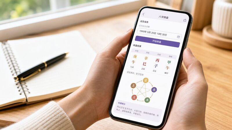生年月日と出生時刻から紫微斗数の命盤を作成できるツールをスマートフォンで使う様子