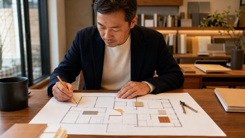 間取り図に方位磁石と色見本を重ねて象意を踏まえた診断をする建築士のイメージ