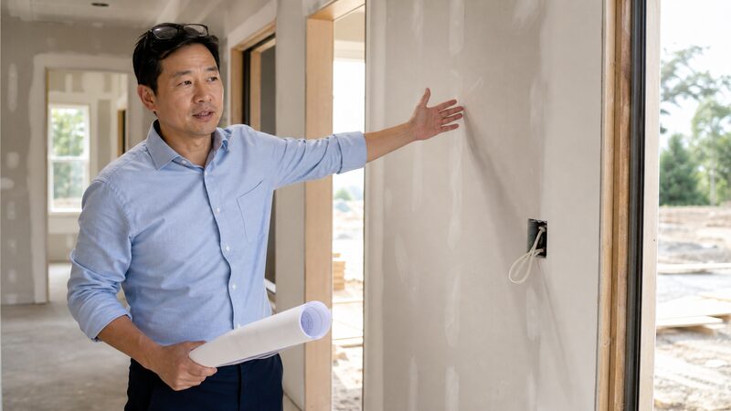 新築住宅の図面を見ながら玄関の壁面に絵を飾る位置を検討する建築士