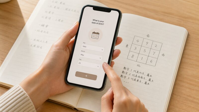 スマホの生年月日入力画面と手書きの九星盤メモを並べて確認する手元