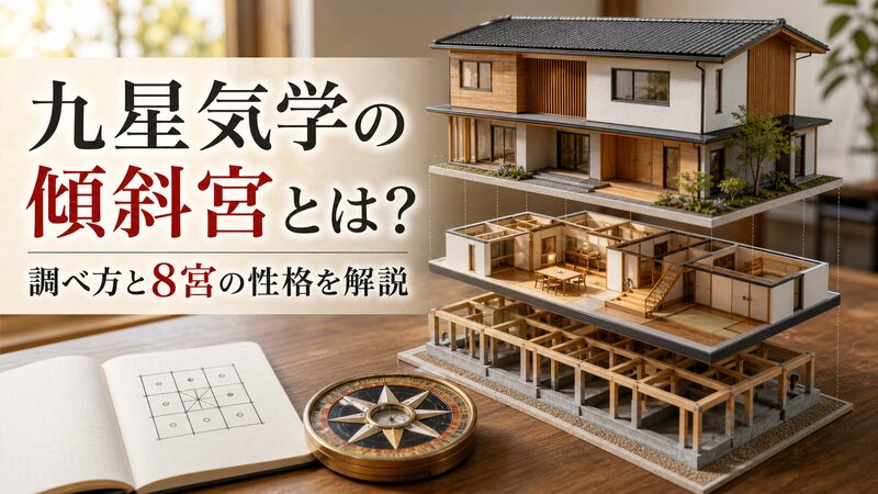 住宅模型を外観・間取り・基礎の3層に切り分け九星の羅盤を添えた九星気学傾斜宮のイメージ