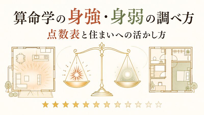 算命学の身強・身弱を象徴する天秤のバランス図と、十二大従星の点数・住まいの間取りのイメージ
