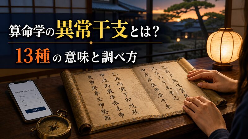 算命学の異常干支をイメージした干支の巻物と命式ツールの画面