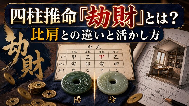 四柱推命の劫財を象徴する命式表と対になる玉・住まいの図面を並べたイメージ
