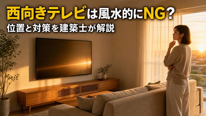西向きの壁に設置したテレビに西日が反射して映り込む様子を見つめる女性