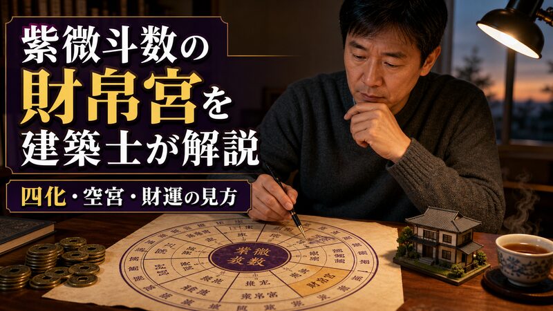 紫微斗数の財帛宮を建築士が解説するイメージ、十二宮の命盤と古銭