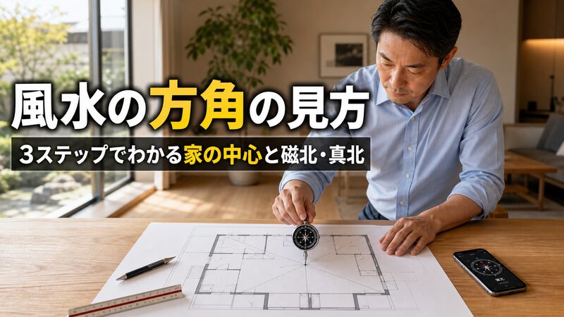 風水の方角の見方を建築士が間取り図とコンパスで確認している様子