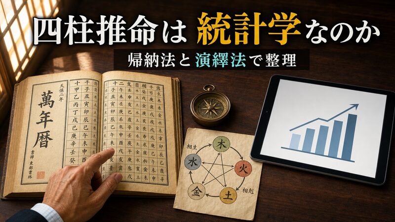 四柱推命の暦と五行図、統計グラフを並べて比較するイメージ