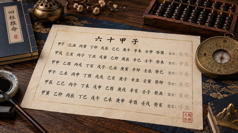 十干と十二支の組み合わせから生まれる空亡の仕組みを表した命式のイメージ