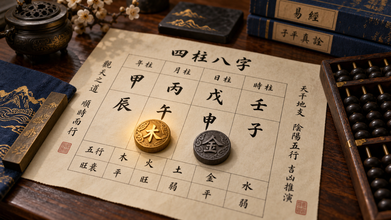 命式の十干を見ながら守護神と忌神の基本を整理しているイメージ