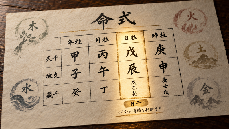 命式の日干を起点に五行の資質を読み解くイメージ