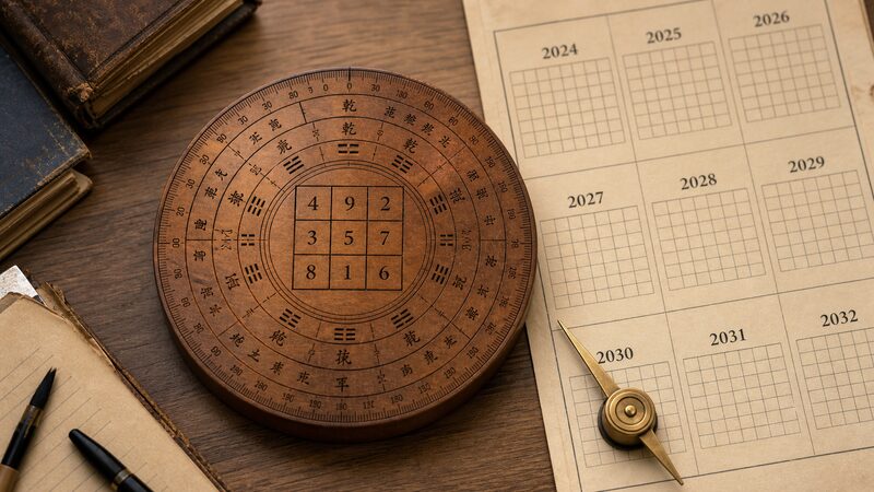 羅盤の九星配置と複数年分のカレンダーを並べた年盤のイメージ